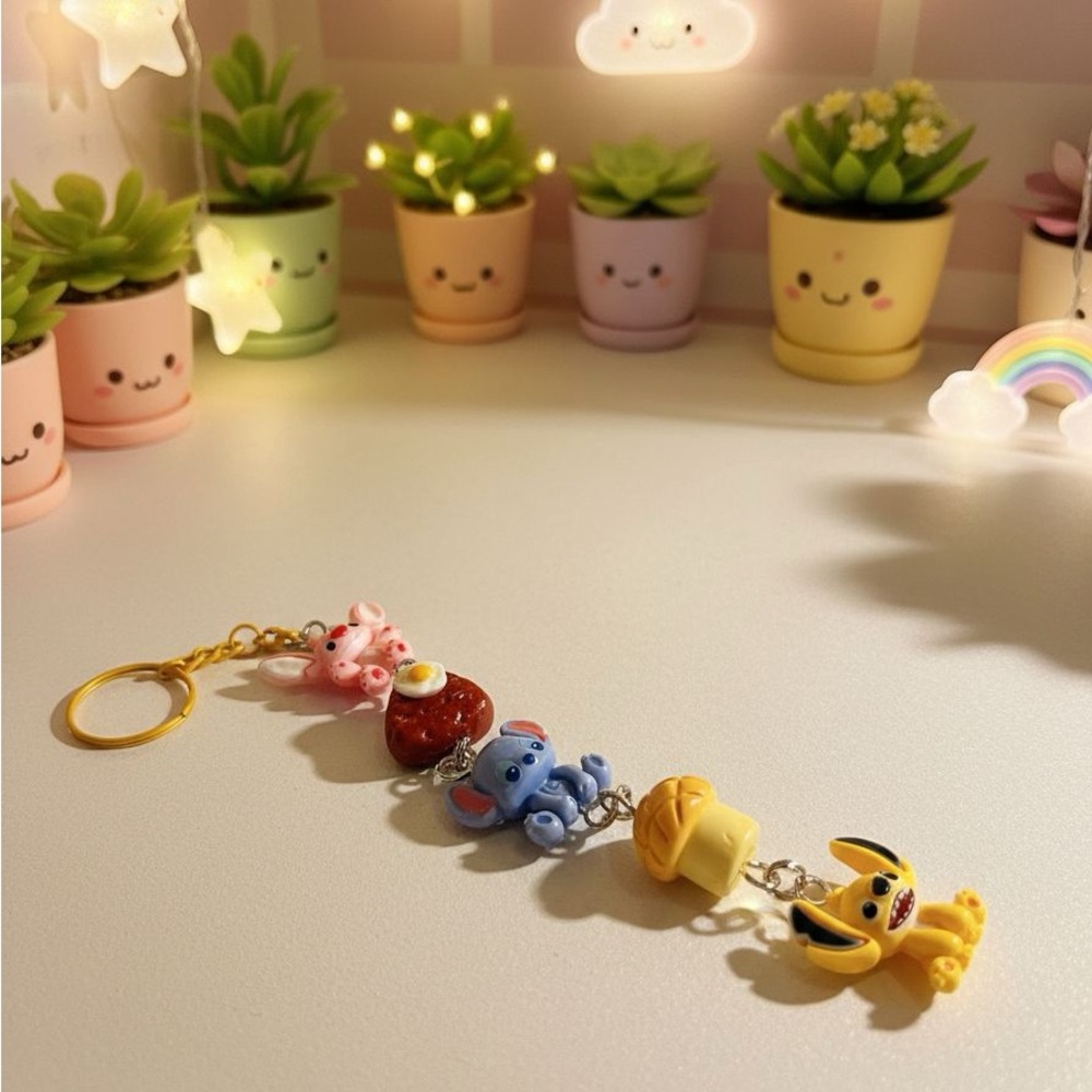 Handmade key chain Cute Yellow Cartoon Charm Keychain stitch and Food Charms